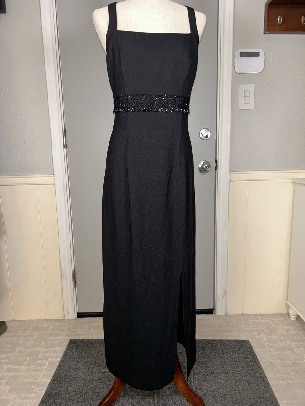 Vintage CDC Black Beaded Empire Waist Maxi Dress Gown Prom Formal Slit Size 10